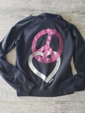 Pink Victoria's Secret Black Peace & Love Zip-up Jacket.